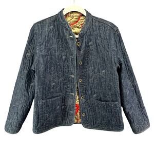 Chicos Jacket Womens M Multi Quilted Floral Denim Reversible Boho Cottage Coat